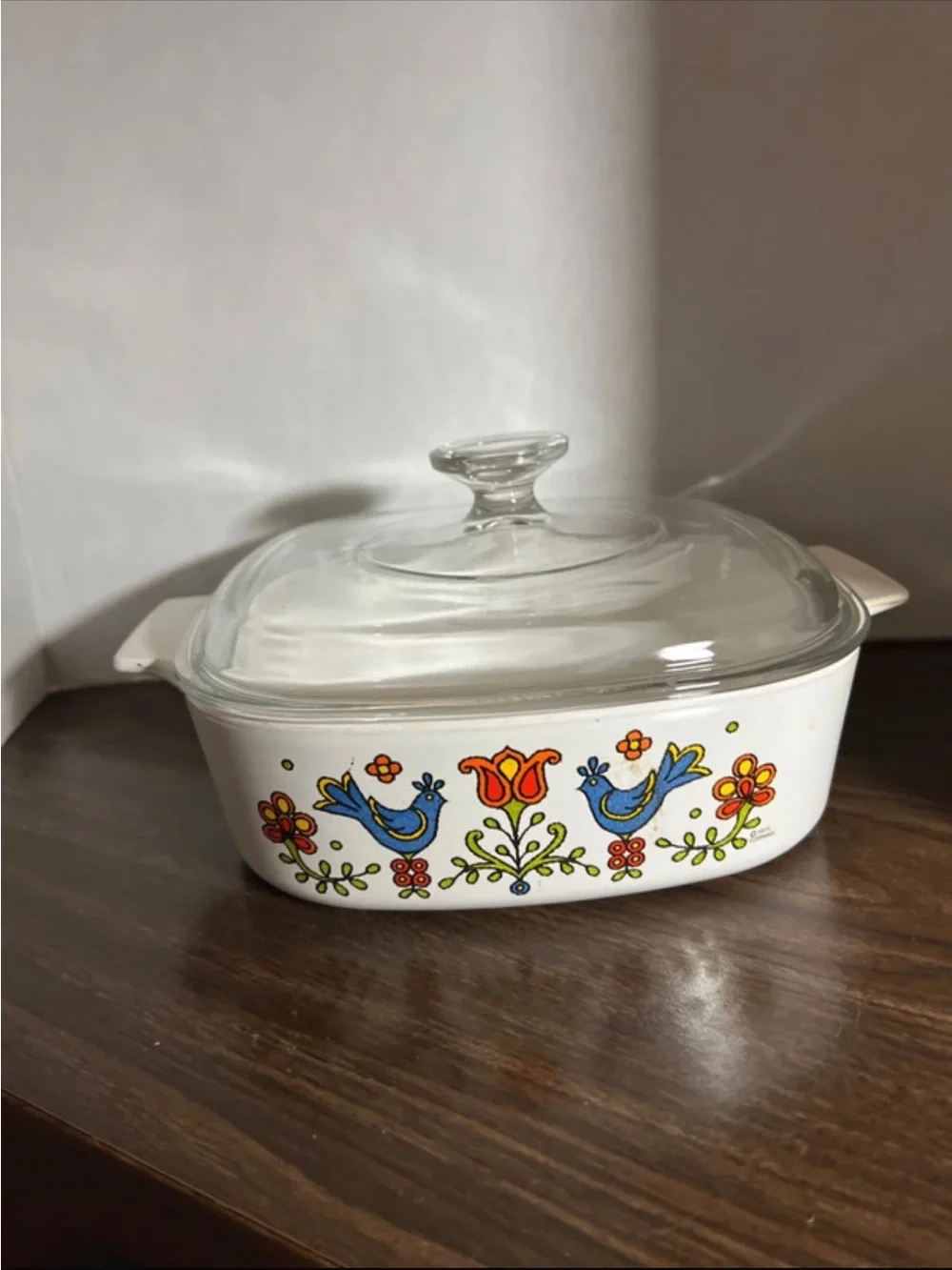 Vintage- Corningware  Covered Casserole Dish with Blue Bird Floral Design